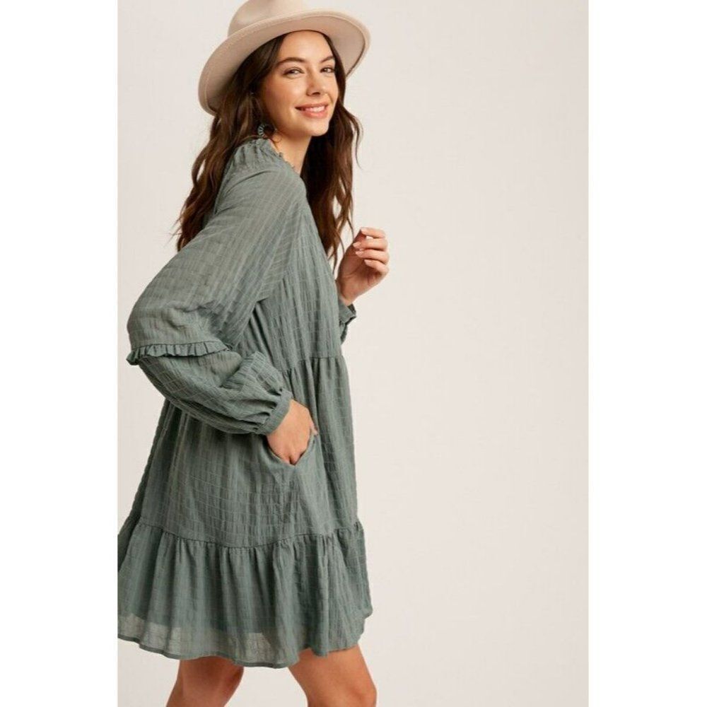 sale! Listicle Plaid Textured V-neck Accent Babydoll Dress Sage Green S-L LD0933 - Picture 4 of 7